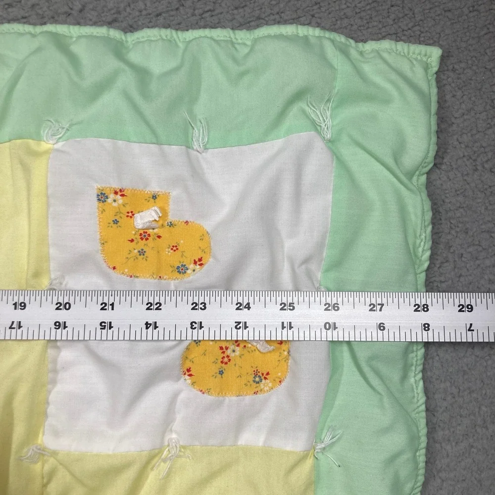 Handmade Vintage Baby Lap Quilt Green Yellow 3D Applique Patchwork Blanket FLAW